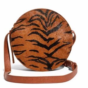 Madewell Tiger Print Leather Round Crossbody Bag Brown Black
